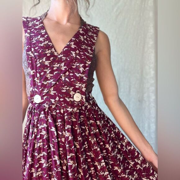 Vintage 80s Purple Floral Pinafore Dress 100% Rayon Apron Style Overall Dress - Picture 11 of 11